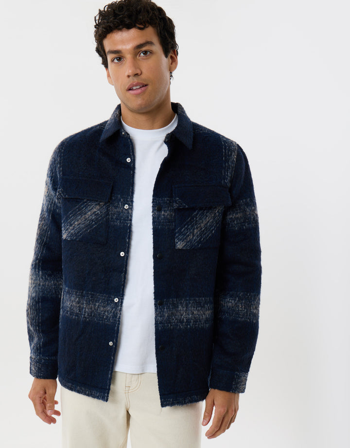 Textured Faux Wool Shacket in Navy Check