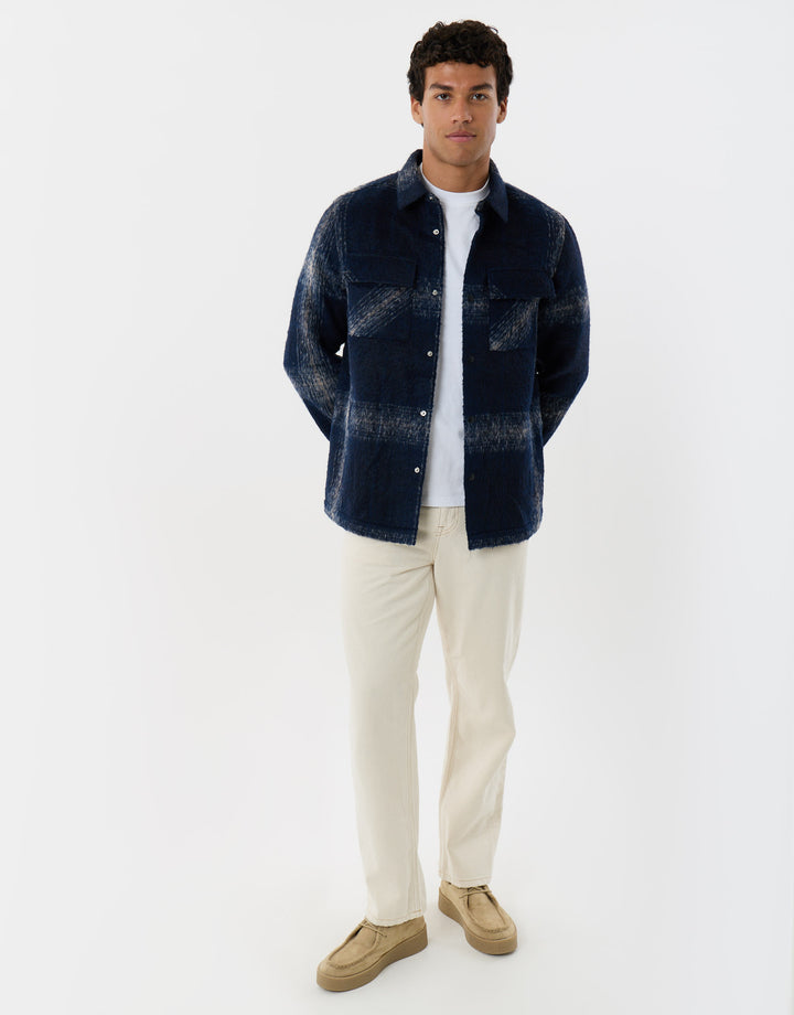 Textured Faux Wool Shacket in Navy Check