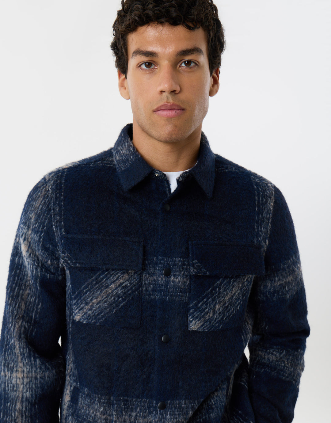 Textured Faux Wool Shacket in Navy Check