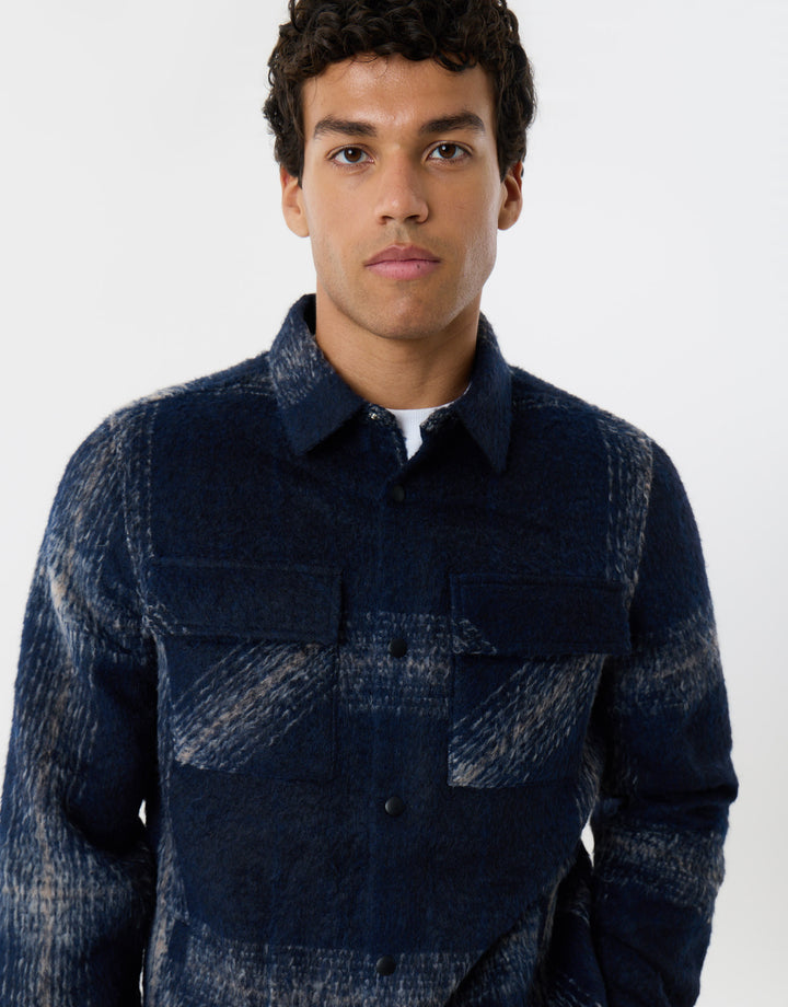 Textured Faux Wool Shacket in Navy Check