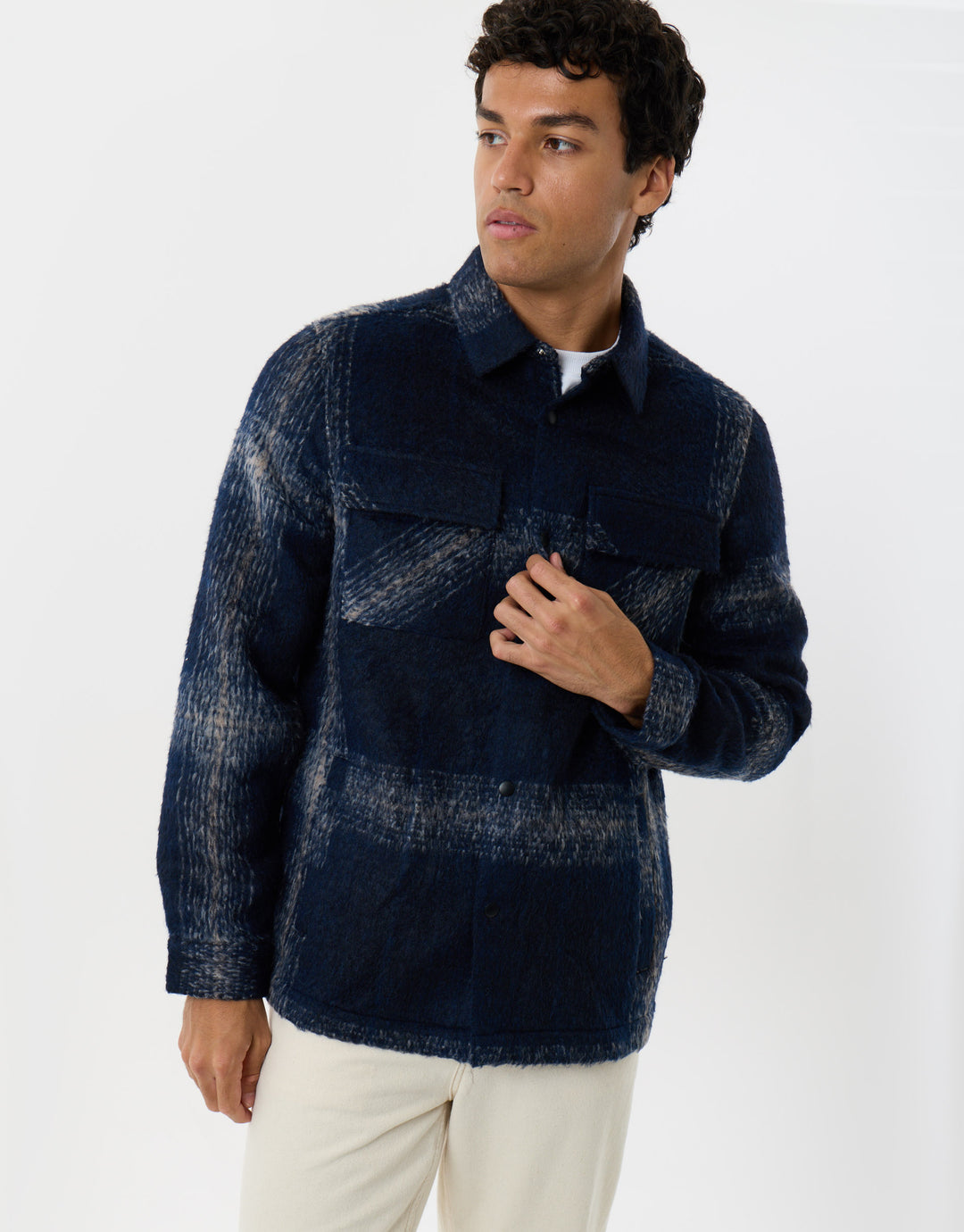 Textured Faux Wool Shacket in Navy Check