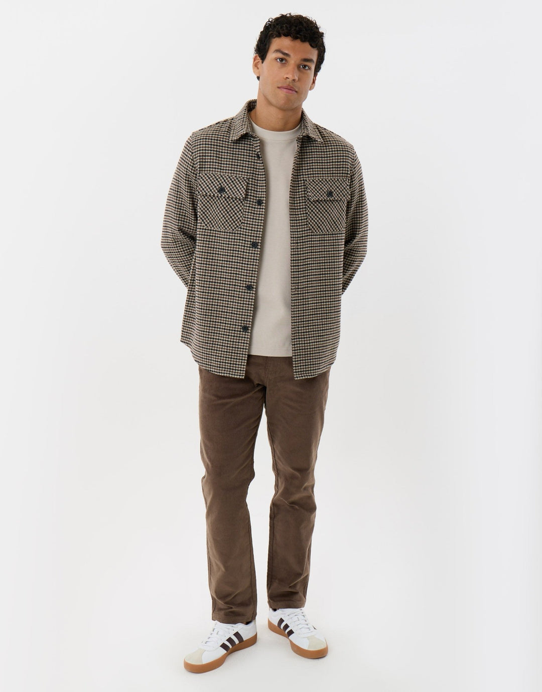 Lightweight Shacket with Pockets in Taupe Dogtooth Check