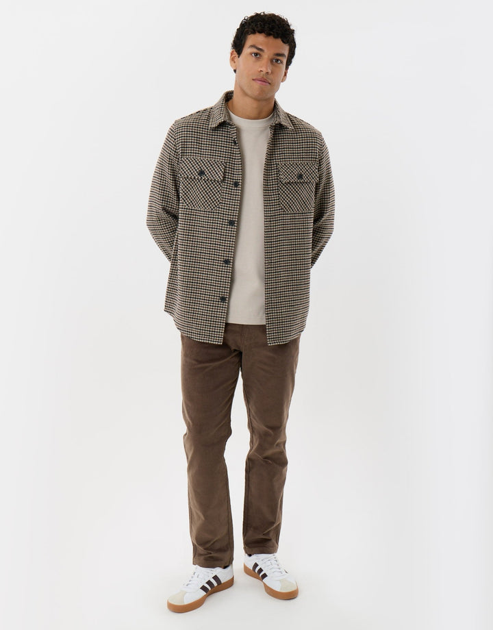 Lightweight Shacket with Pockets in Taupe Dogtooth Check