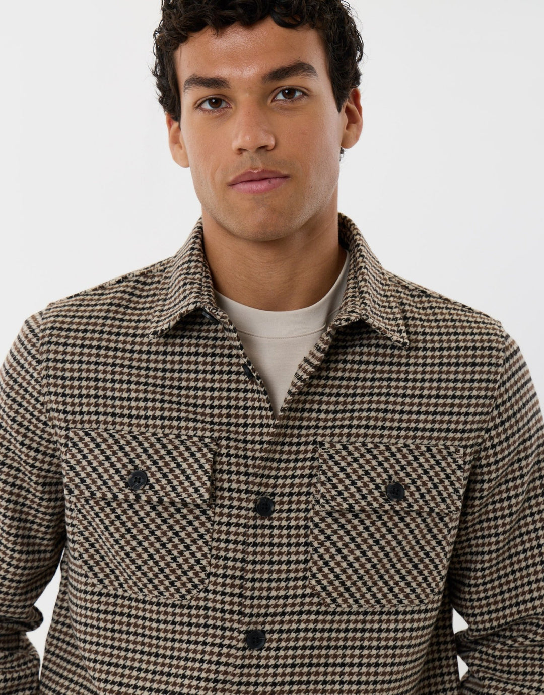 Lightweight Shacket with Pockets in Taupe Dogtooth Check