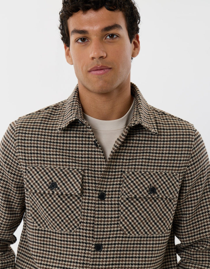 Lightweight Shacket with Pockets in Taupe Dogtooth Check