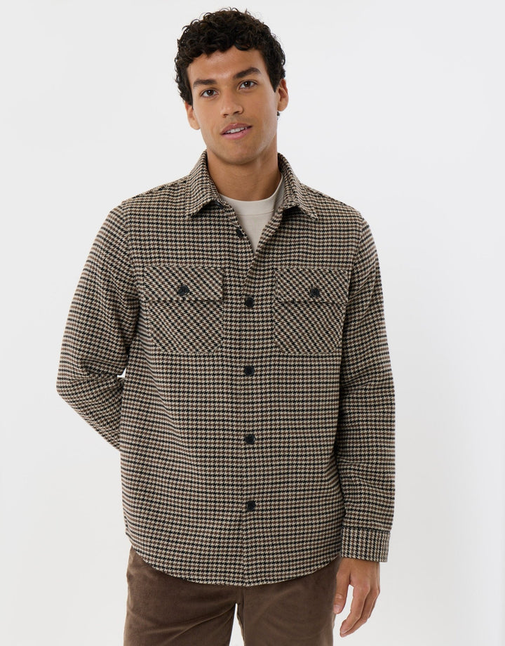 Lightweight Shacket with Pockets in Taupe Dogtooth Check