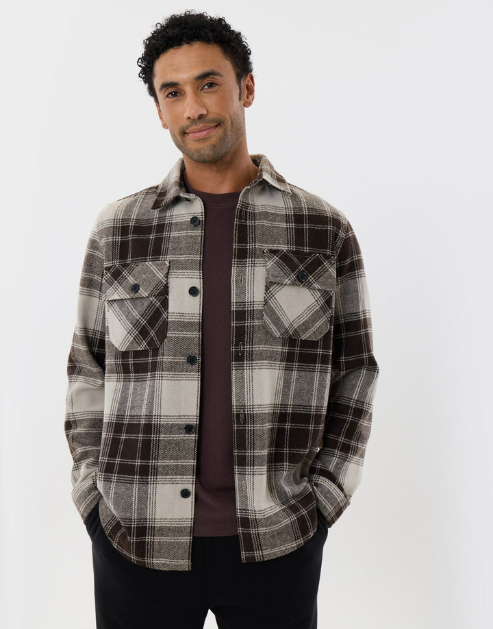 Lightweight Shacket with Pockets in Chocolate Brown Check