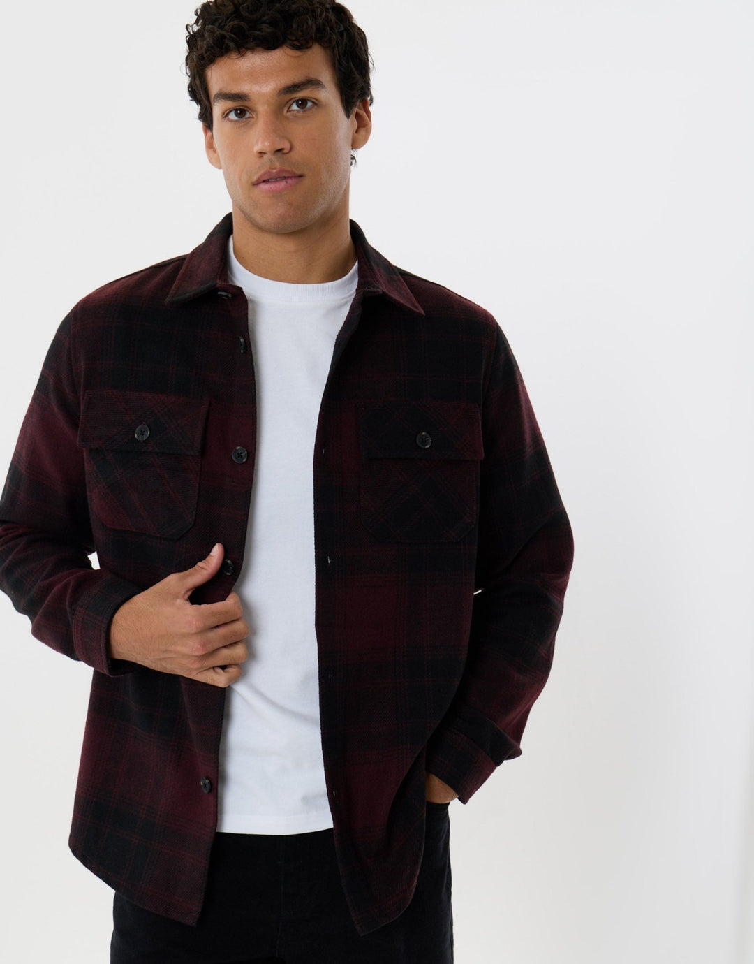 Lightweight Shacket with Pockets in Burgundy Check