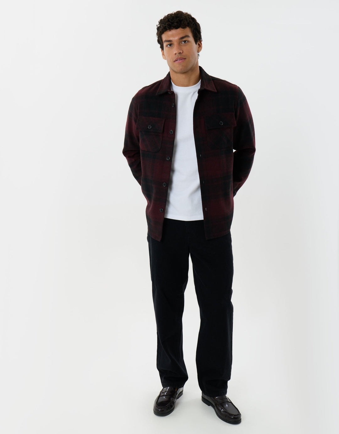 Lightweight Shacket with Pockets in Burgundy Check