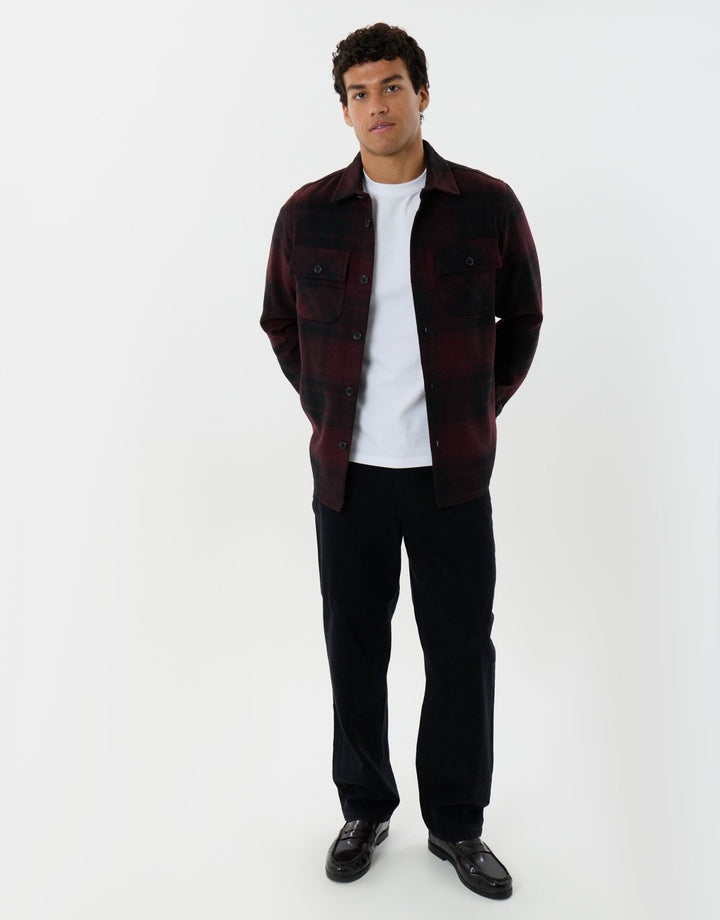 Lightweight Shacket with Pockets in Burgundy Check