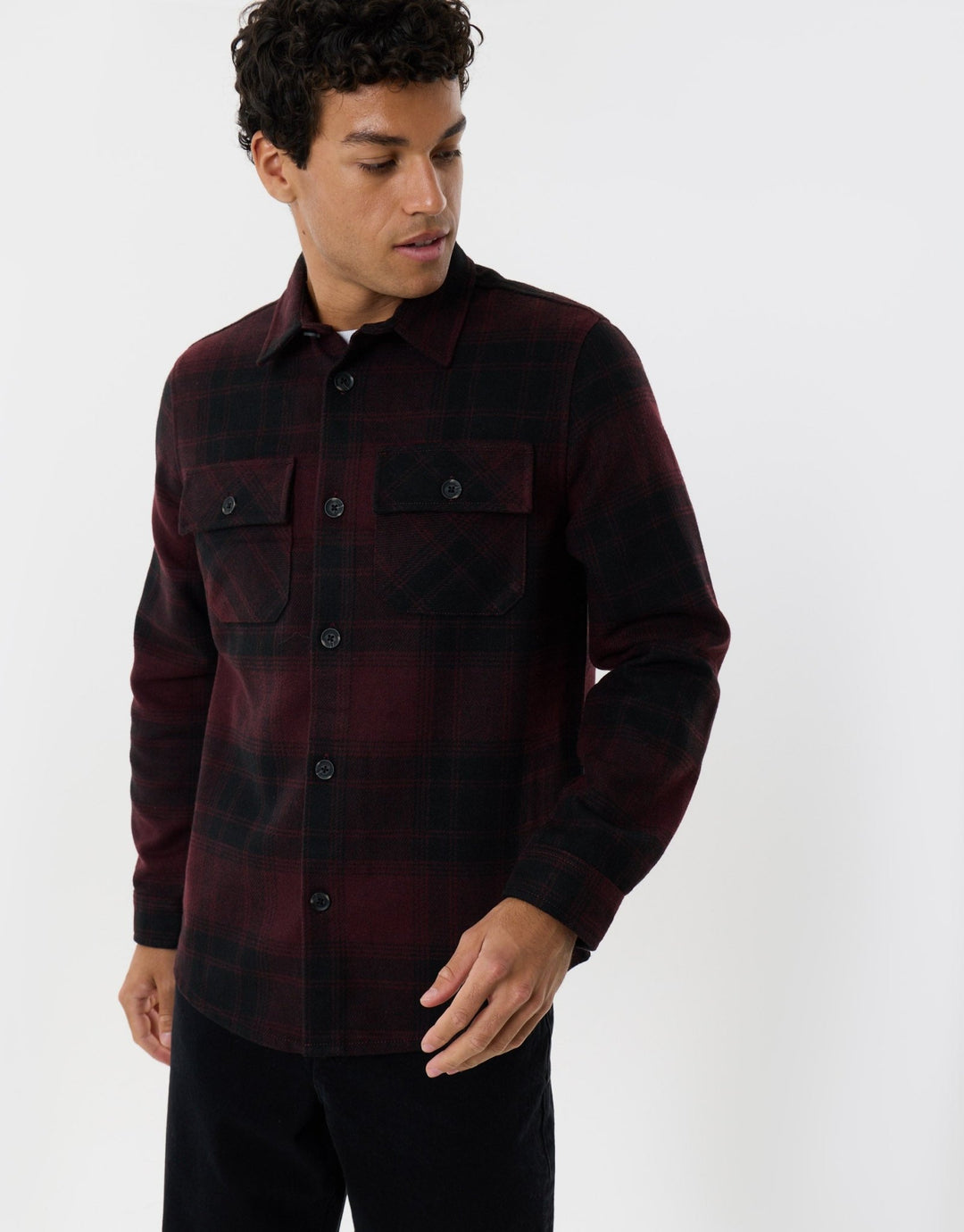 Lightweight Shacket with Pockets in Burgundy Check