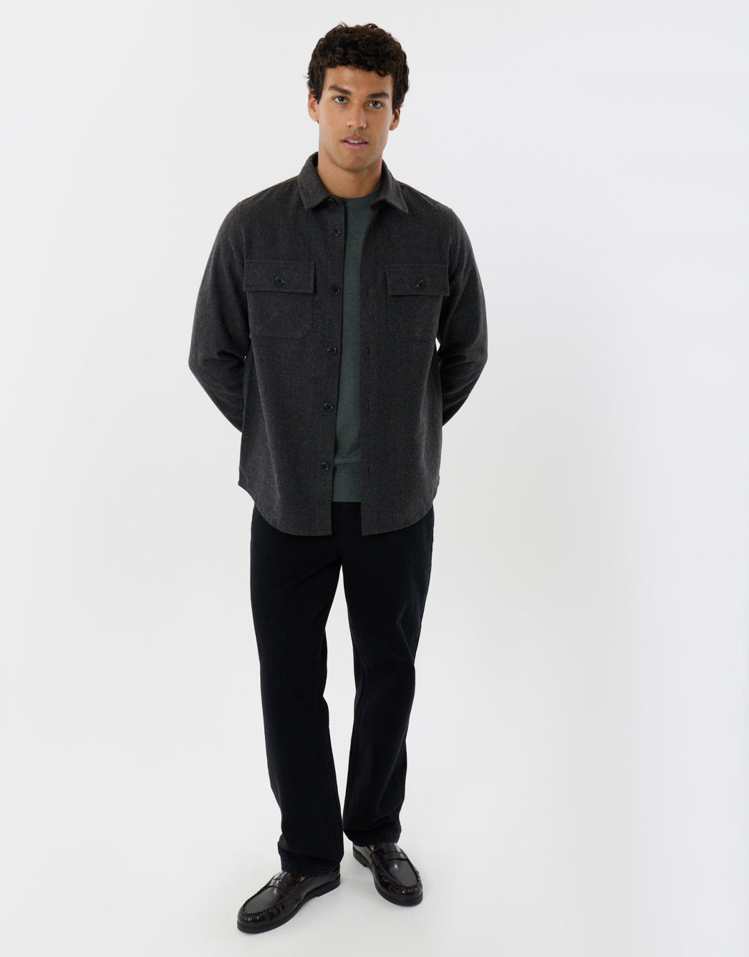Lightweight Shacket with Pockets in Charcoal Herringbone