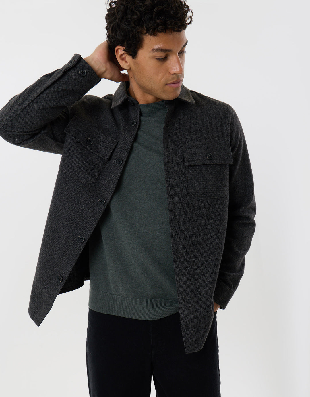 Lightweight Shacket with Pockets in Charcoal Herringbone