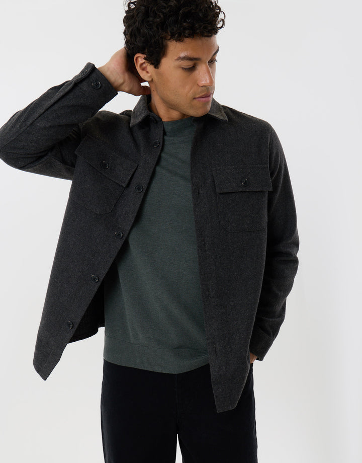 Lightweight Shacket with Pockets in Charcoal Herringbone