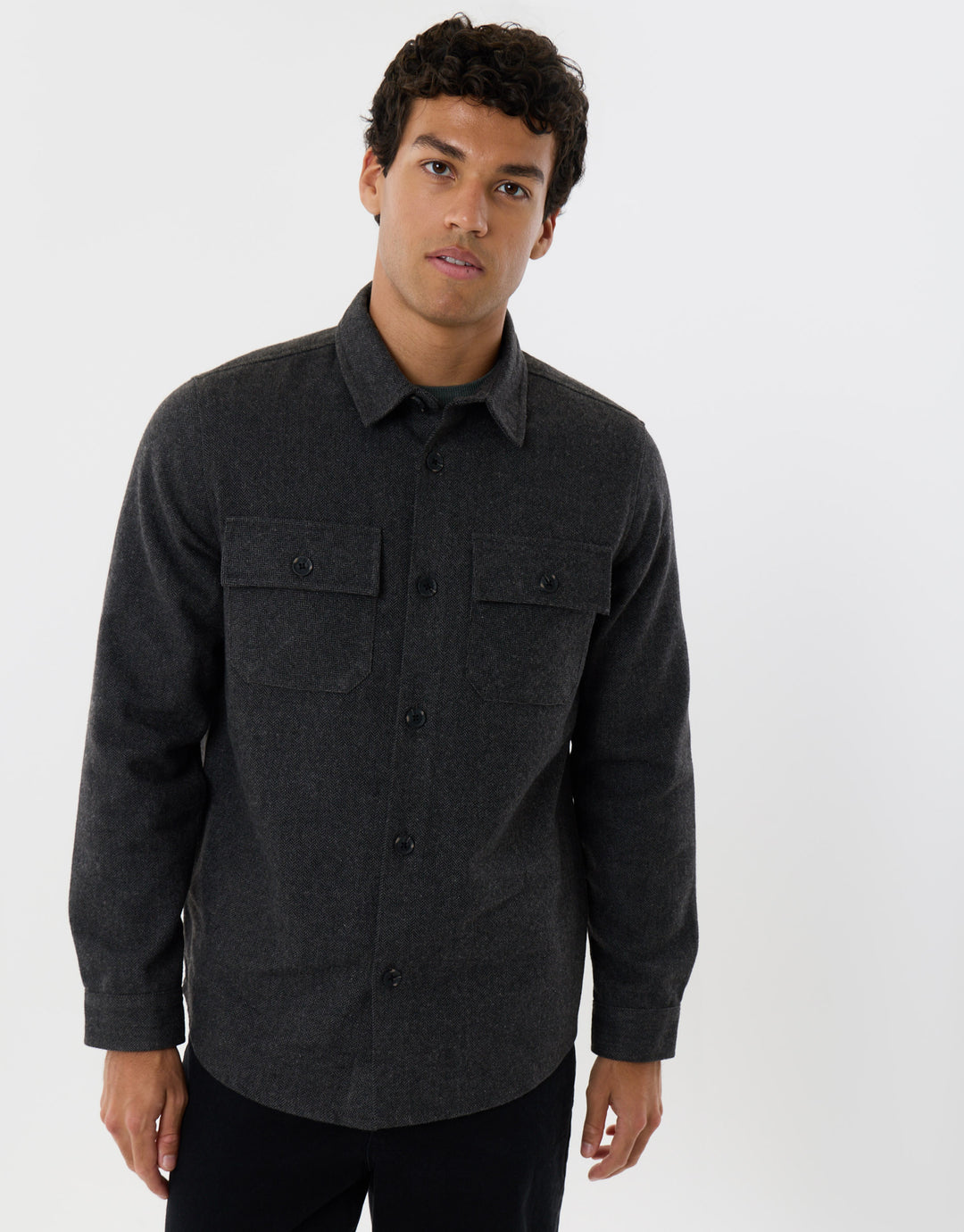 Lightweight Shacket with Pockets in Charcoal Herringbone