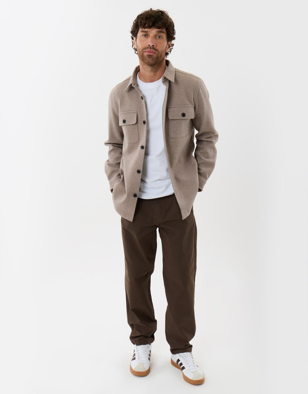 Patch Pocket Knitted Shacket in Beige