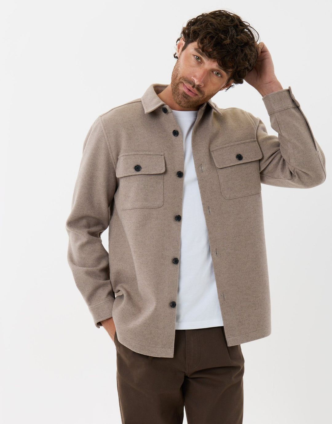 Patch Pocket Knitted Shacket in Beige