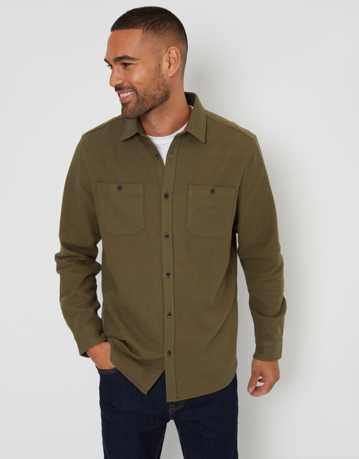 Khaki Green Brushed Flannel Cotton Long Sleeve Shirt