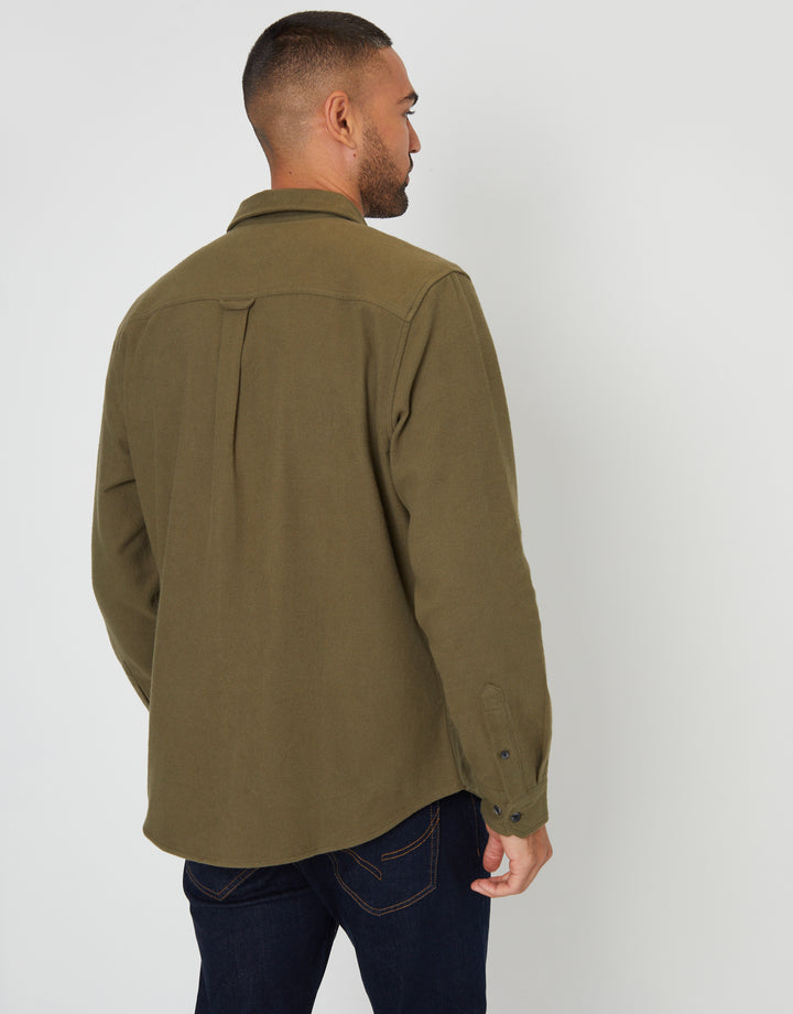 Khaki Green Brushed Flannel Cotton Long Sleeve Shirt