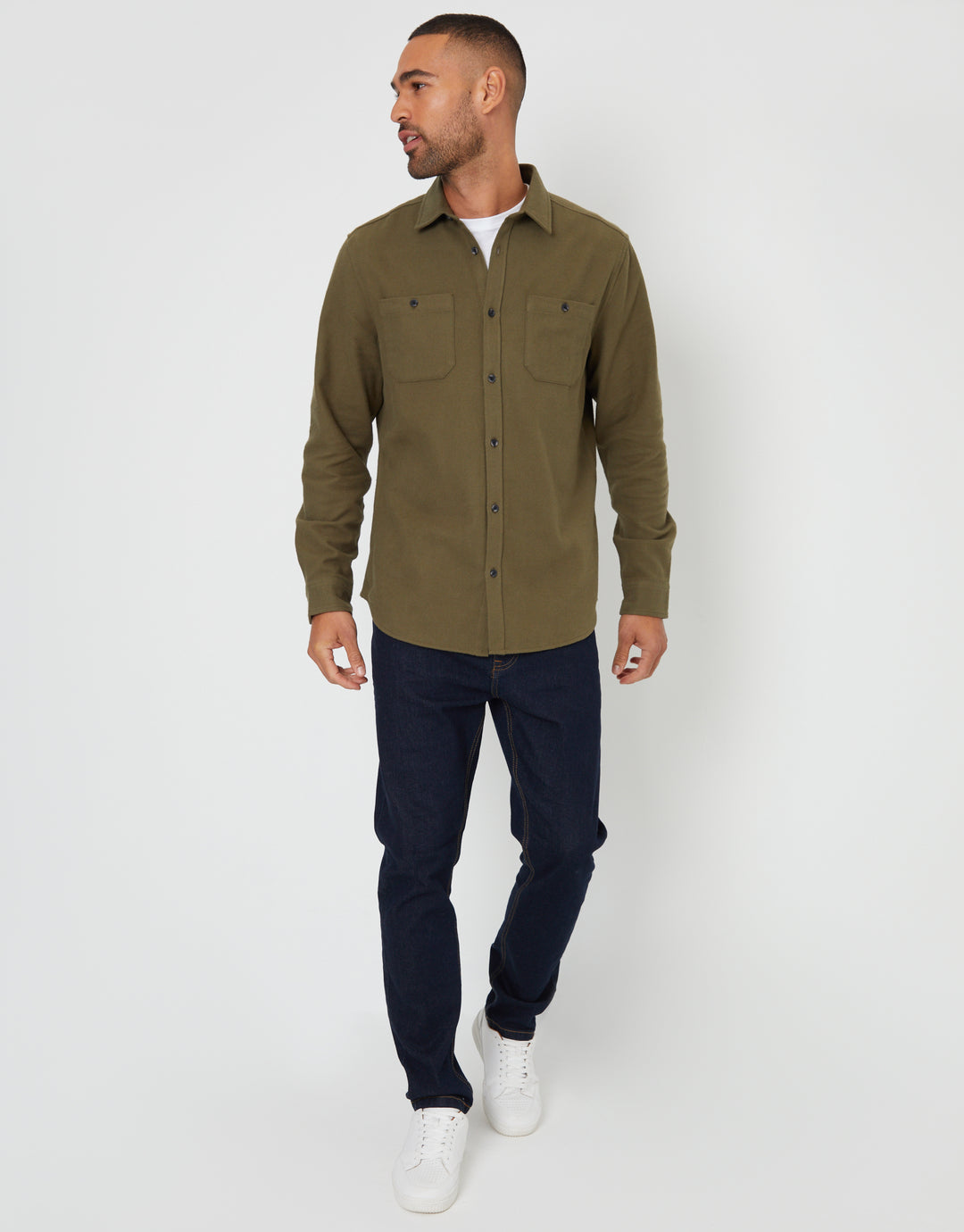 Khaki Green Brushed Flannel Cotton Long Sleeve Shirt