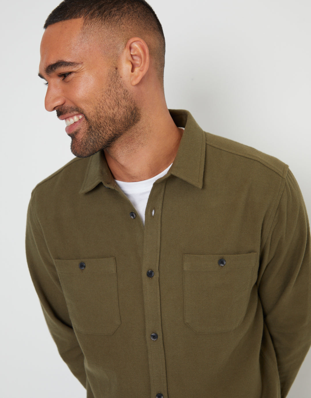 Khaki Green Brushed Flannel Cotton Long Sleeve Shirt