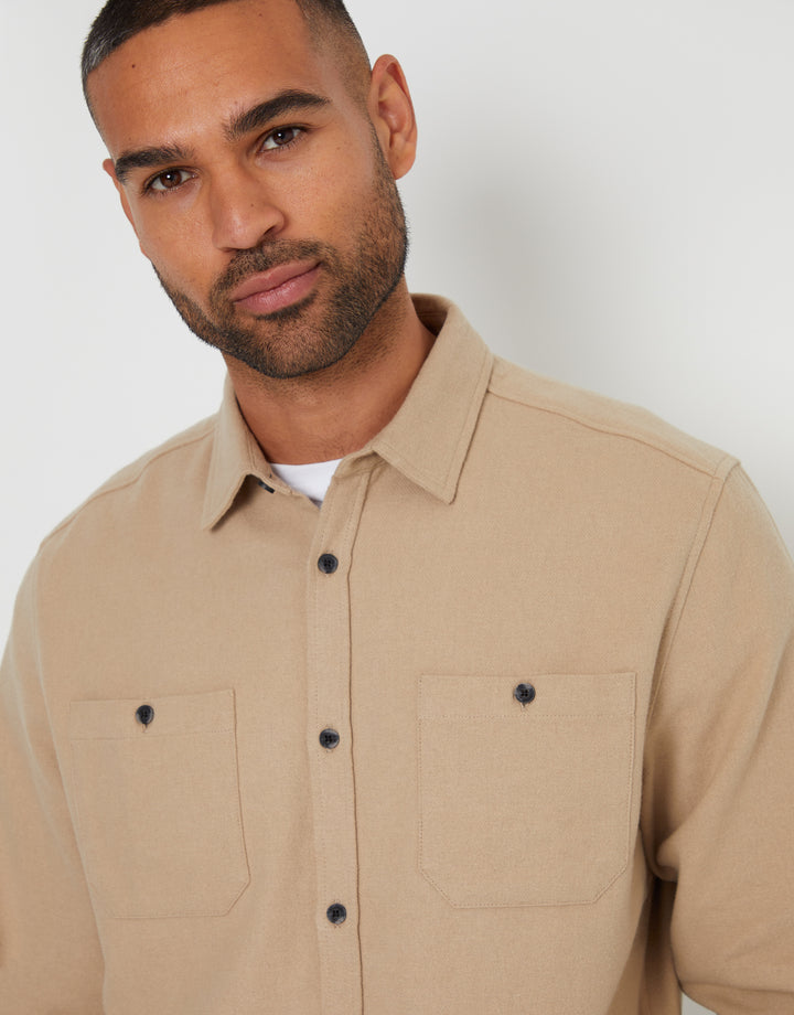 Stone Brushed Flannel Cotton Long Sleeve Shirt