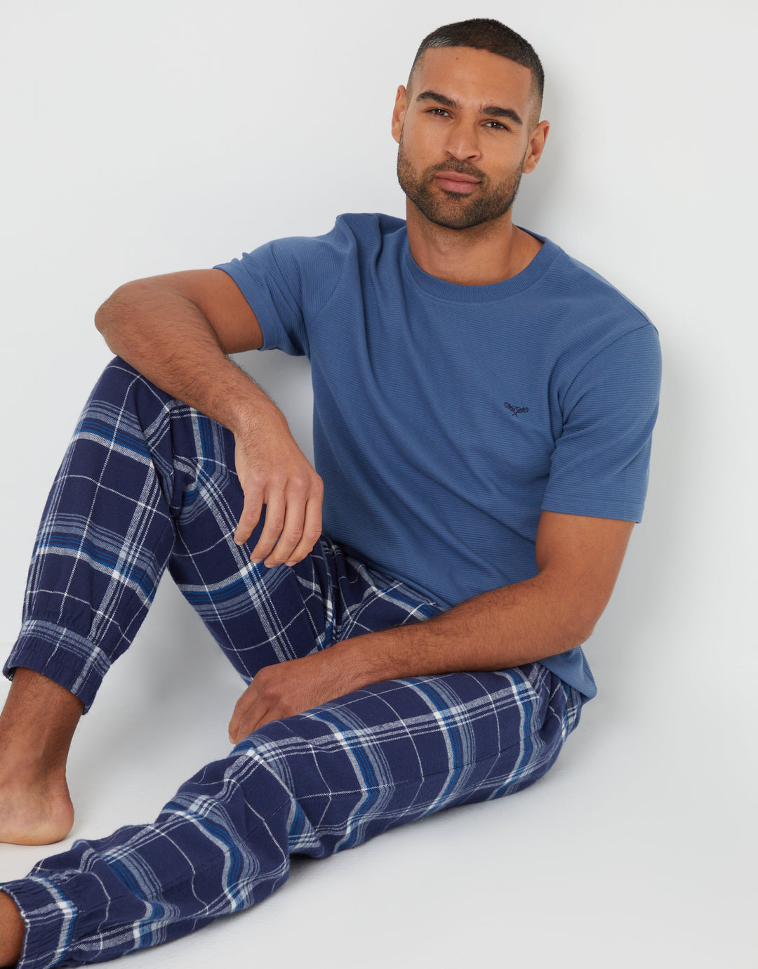 Denim Blue Check Textured Short Sleeve Pyjamas (2-Piece Set)