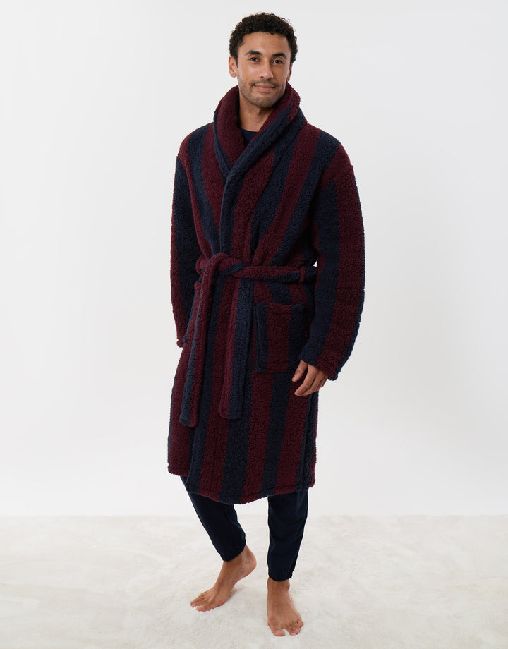 Fleece Dressing Gown in Burgundy Stripe