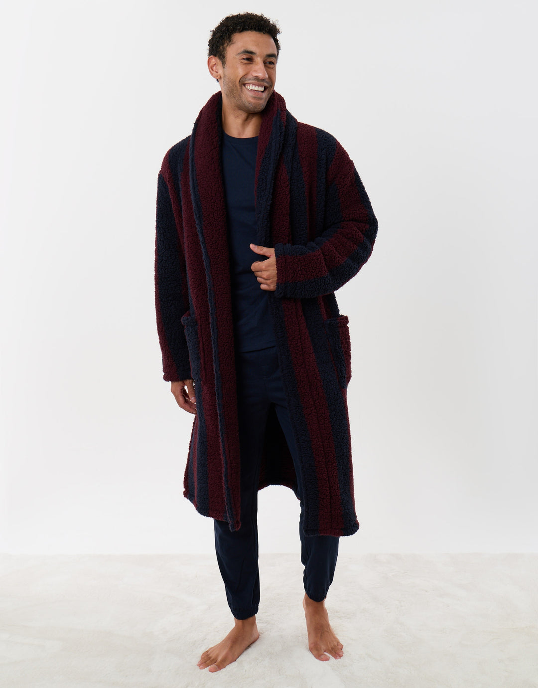 Fleece Dressing Gown in Burgundy Stripe