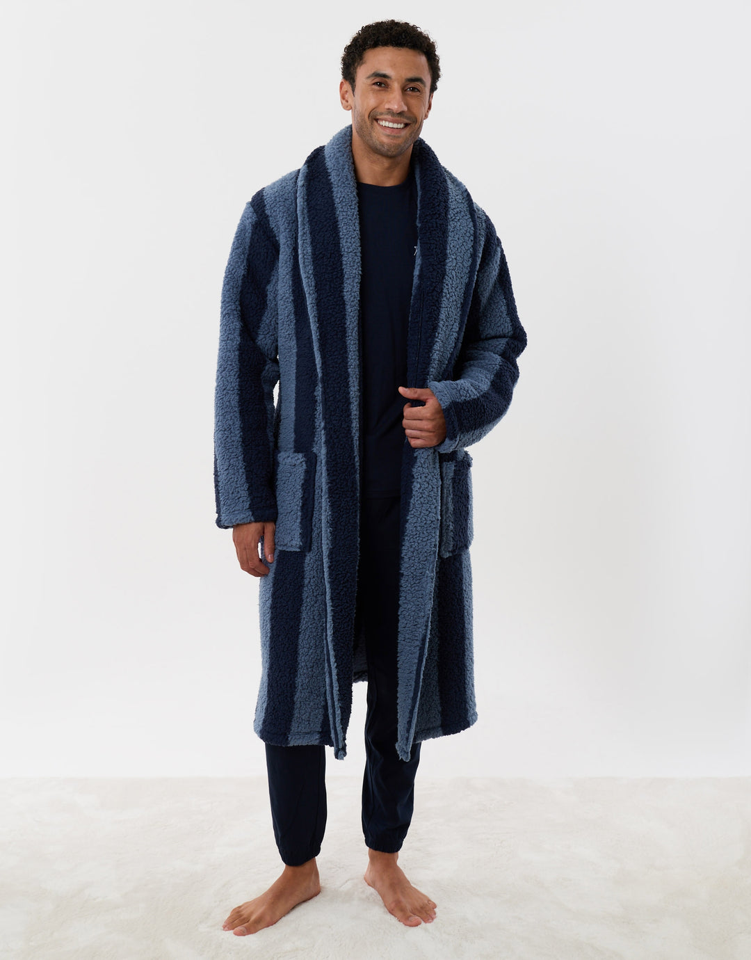 Fleece Dressing Gown in Navy Stripe