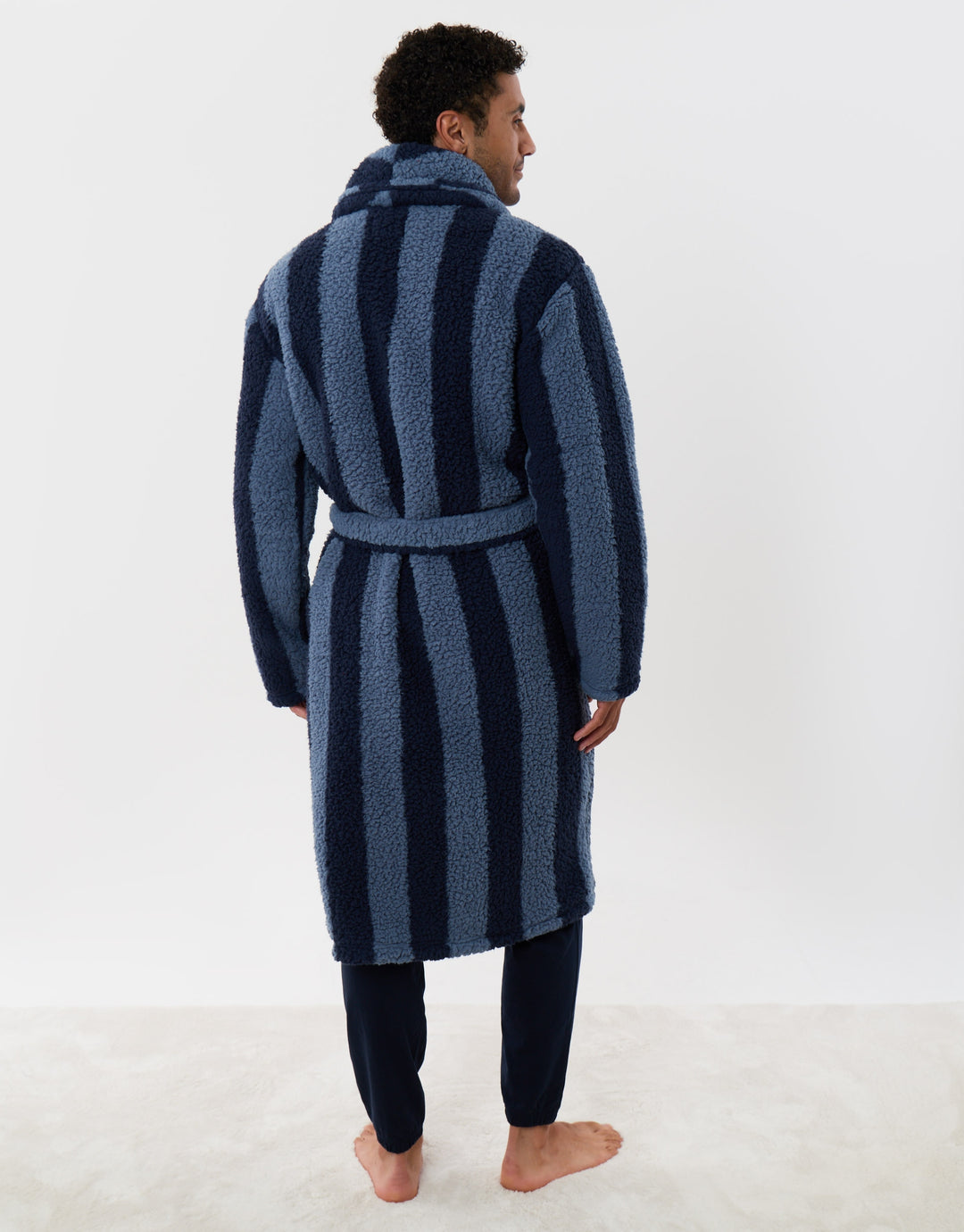 Fleece Dressing Gown in Navy Stripe