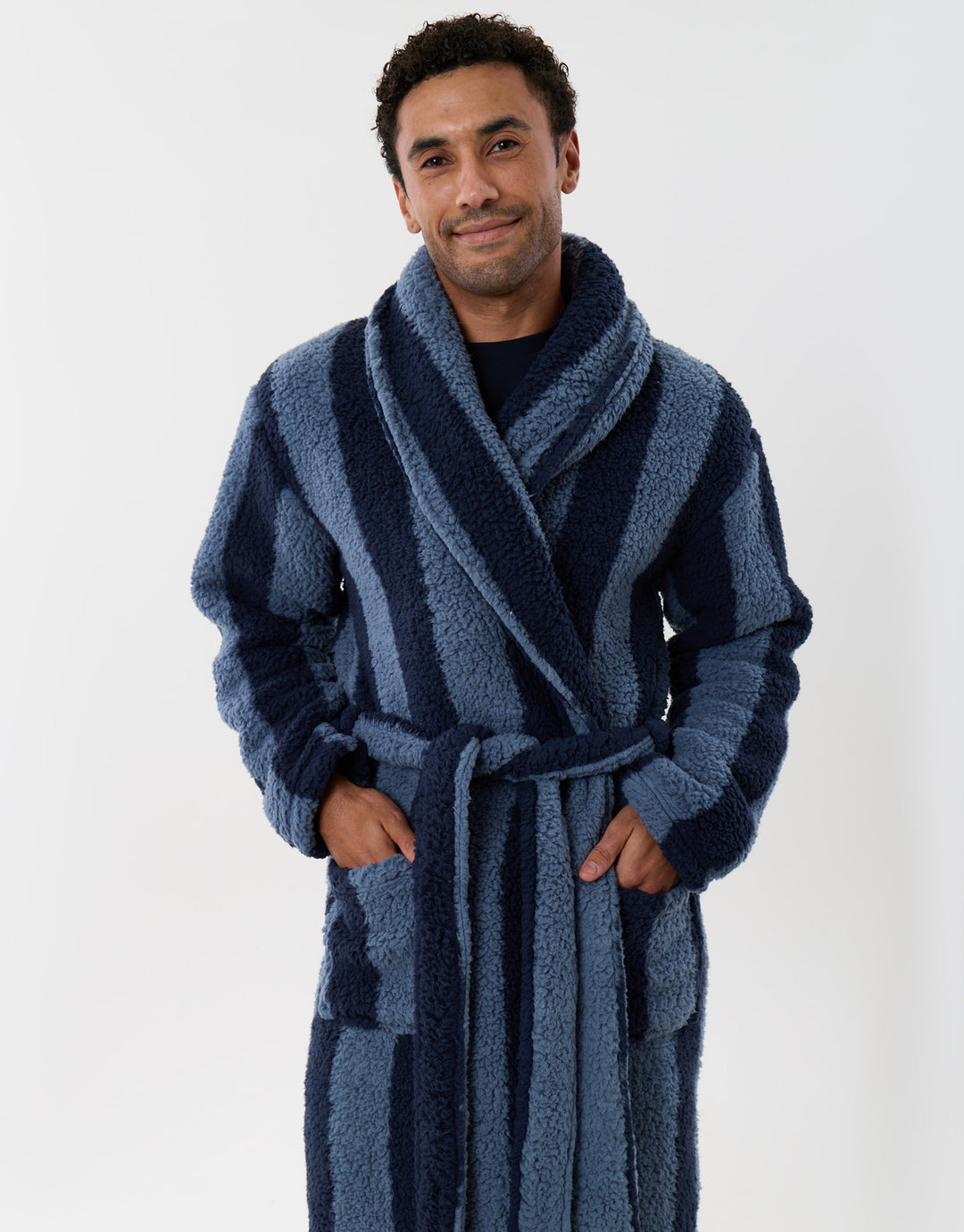 Fleece Dressing Gown in Navy Stripe