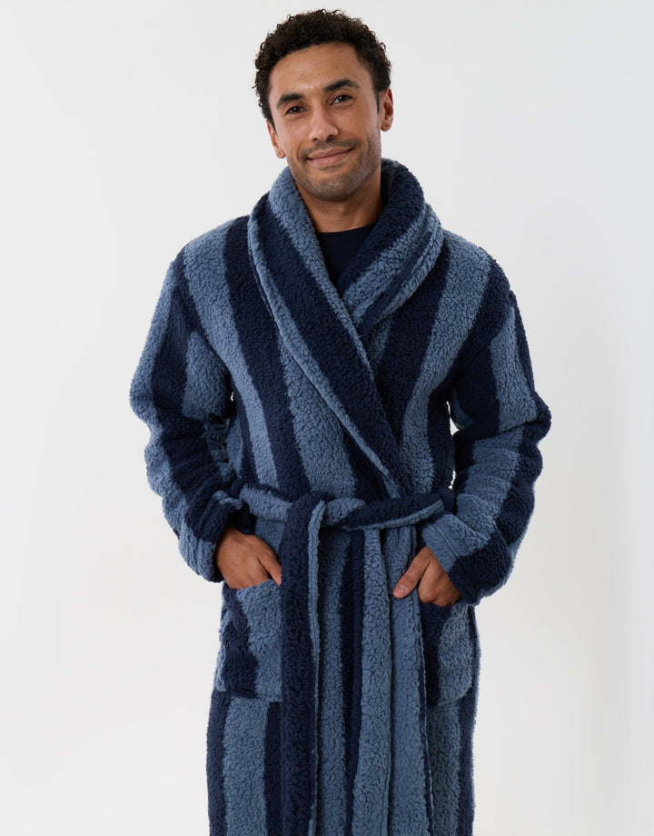 Fleece Dressing Gown in Navy Stripe