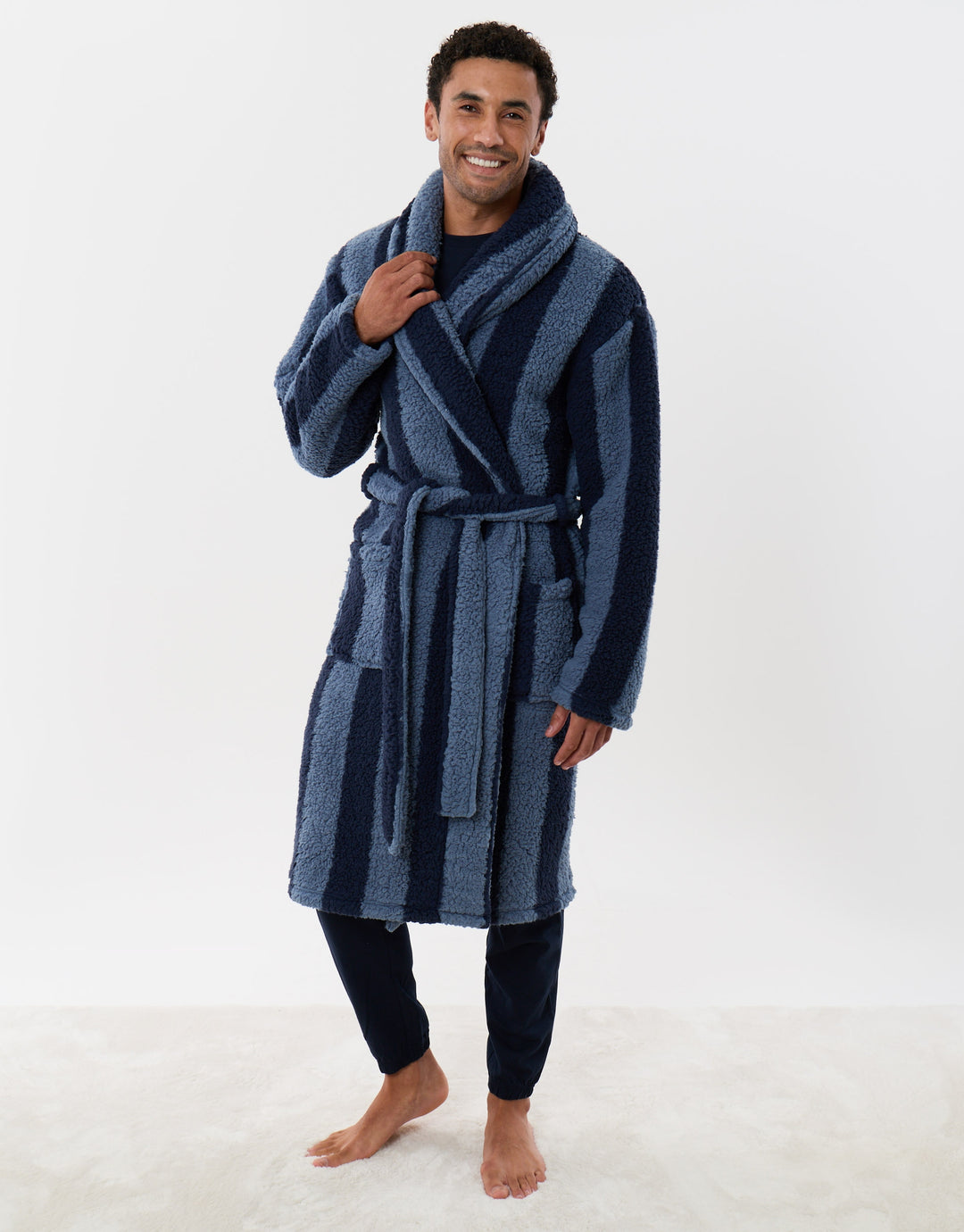 Fleece Dressing Gown in Navy Stripe