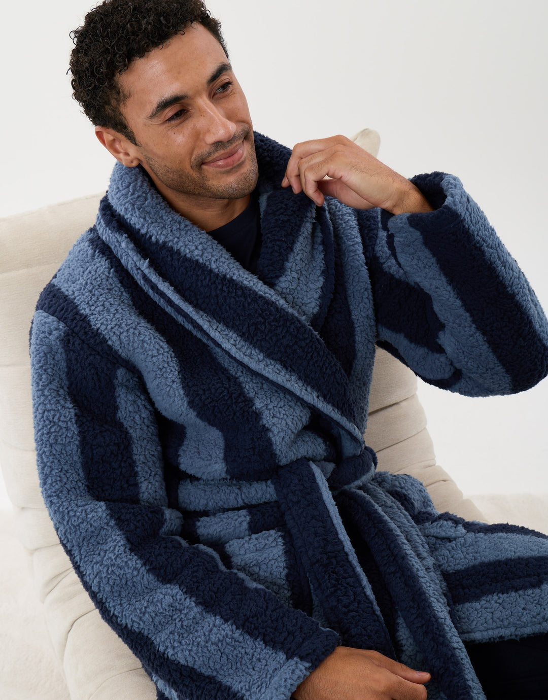 Fleece Dressing Gown in Navy Stripe