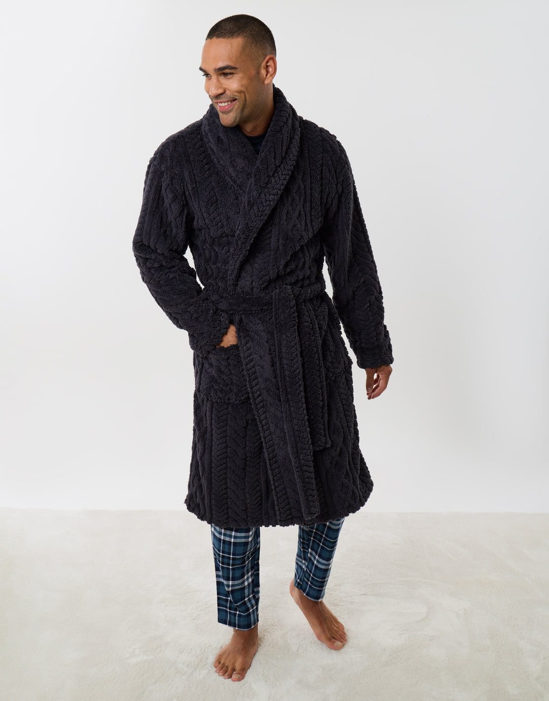 Cable Fleece Dressing Gown in Slate Grey