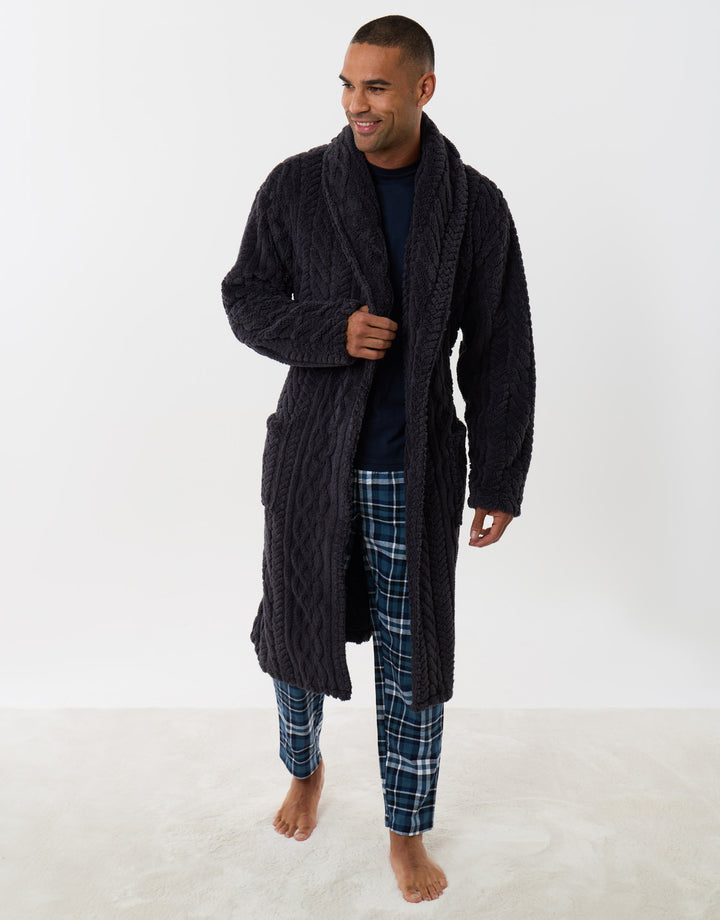 Cable Fleece Dressing Gown in Slate Grey