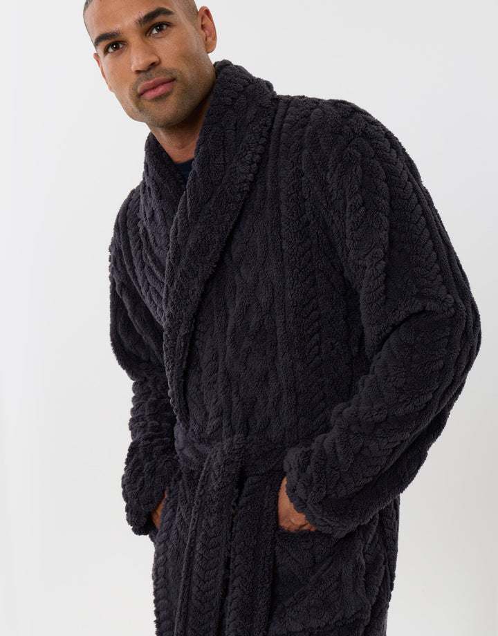 Cable Fleece Dressing Gown in Slate Grey