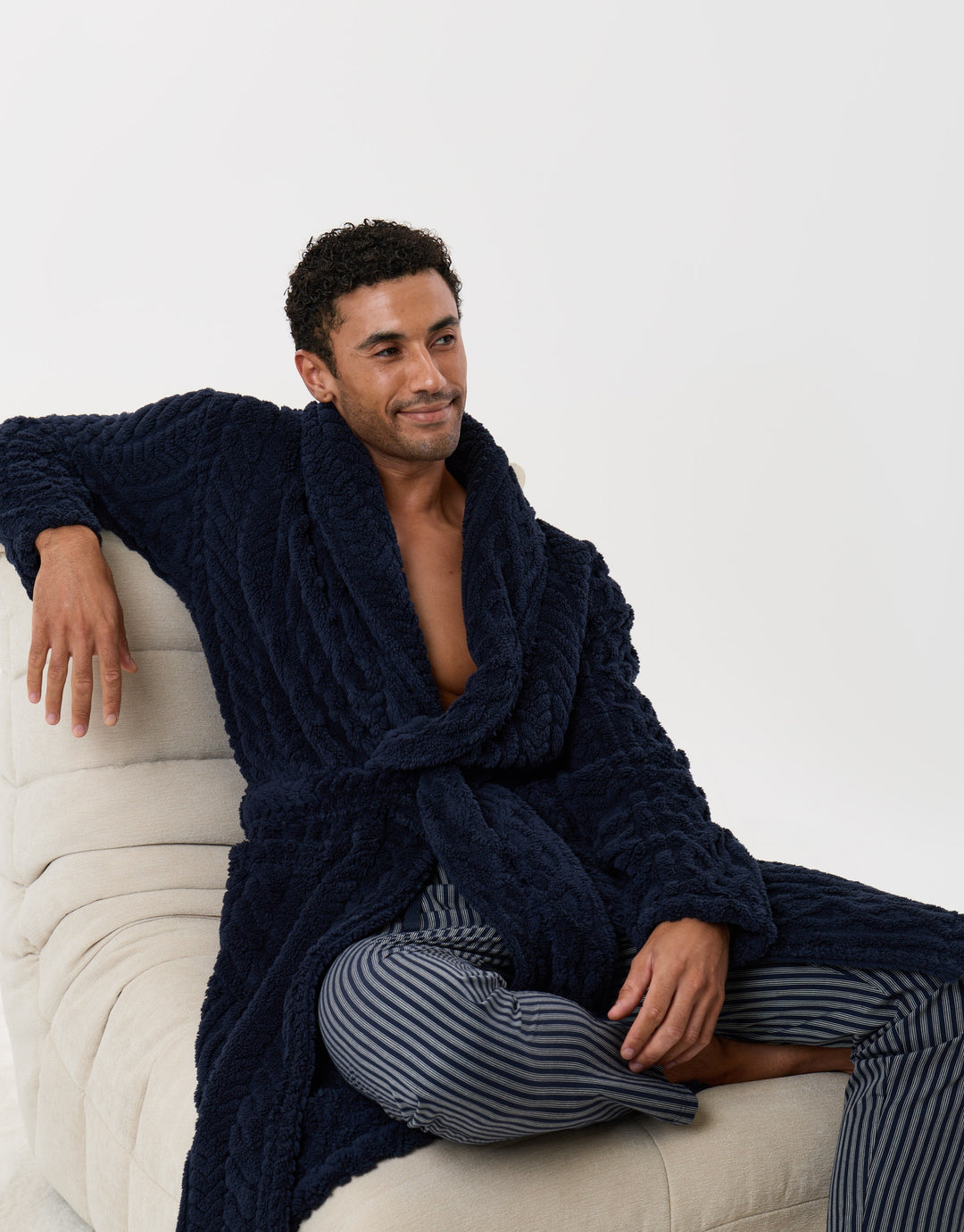 Cable Fleece Dressing Gown in Navy