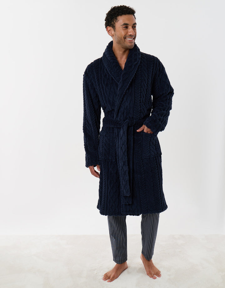 Cable Fleece Dressing Gown in Navy