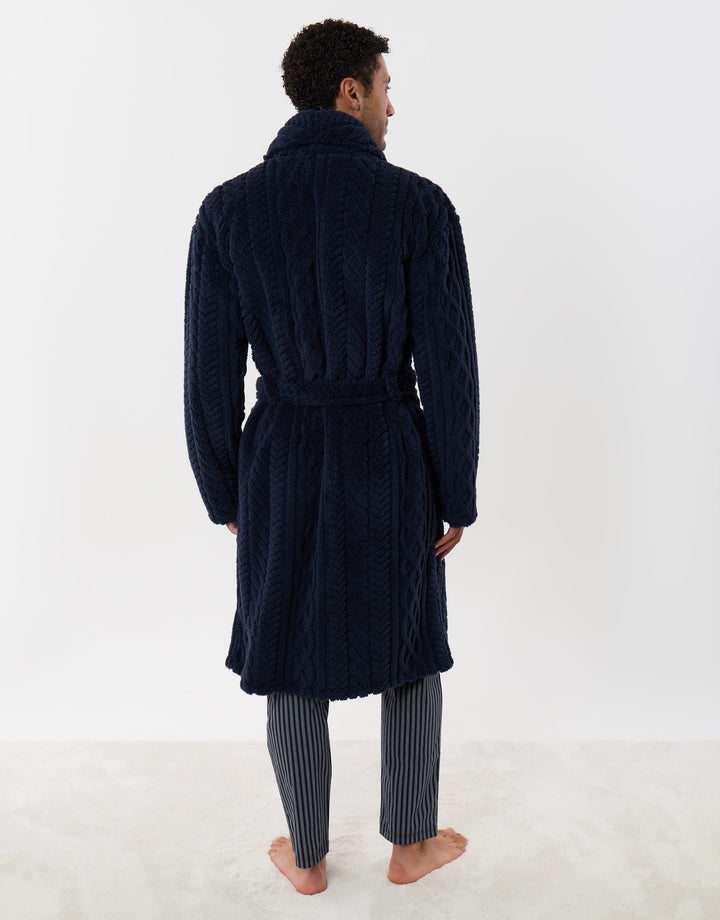 Cable Fleece Dressing Gown in Navy