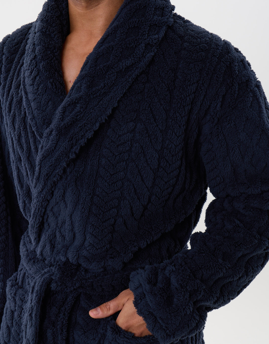 Cable Fleece Dressing Gown in Navy
