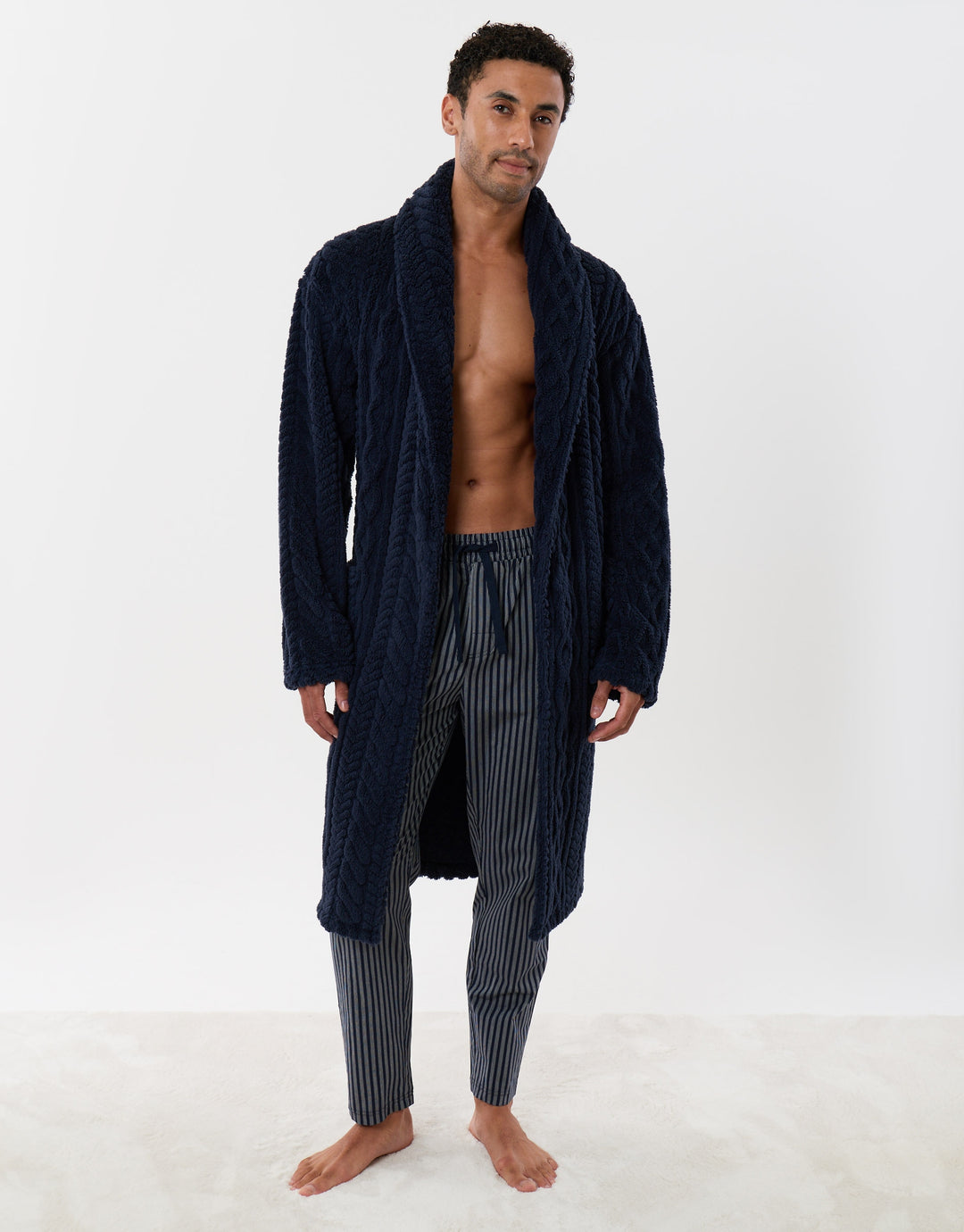 Cable Fleece Dressing Gown in Navy