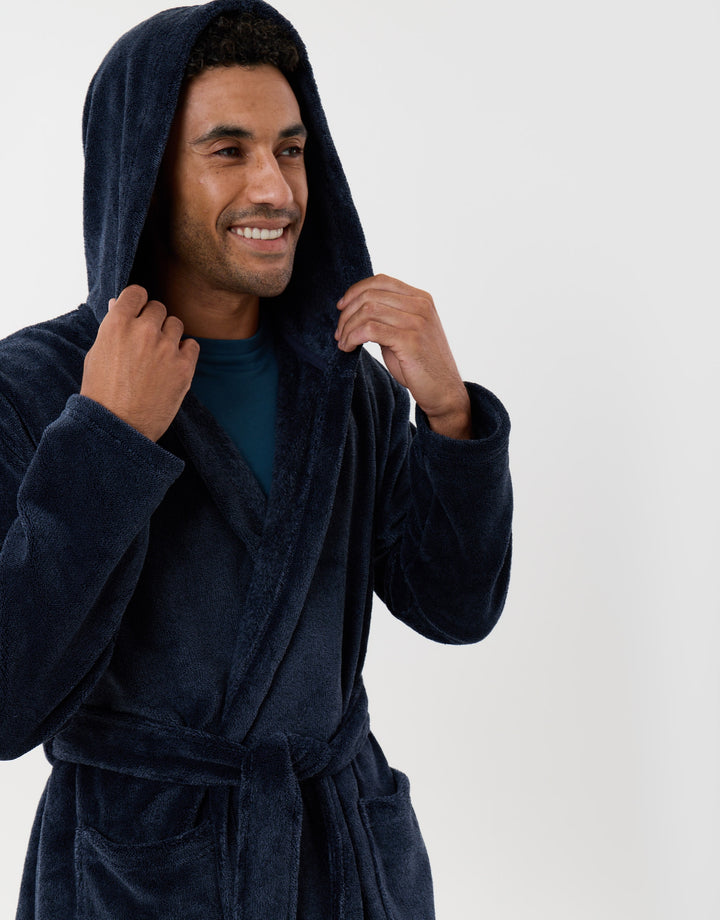 Hooded Fleece Dressing Gown in Navy
