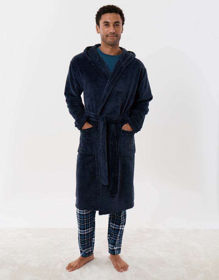 Hooded Fleece Dressing Gown in Navy