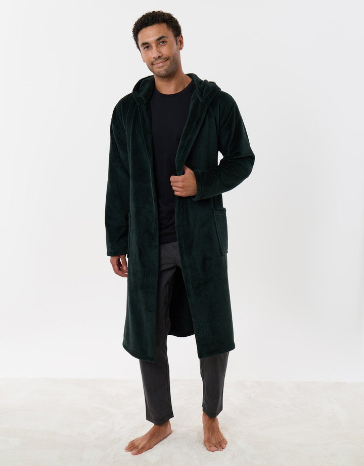 Hooded Fleece Dressing Gown in Forest Green
