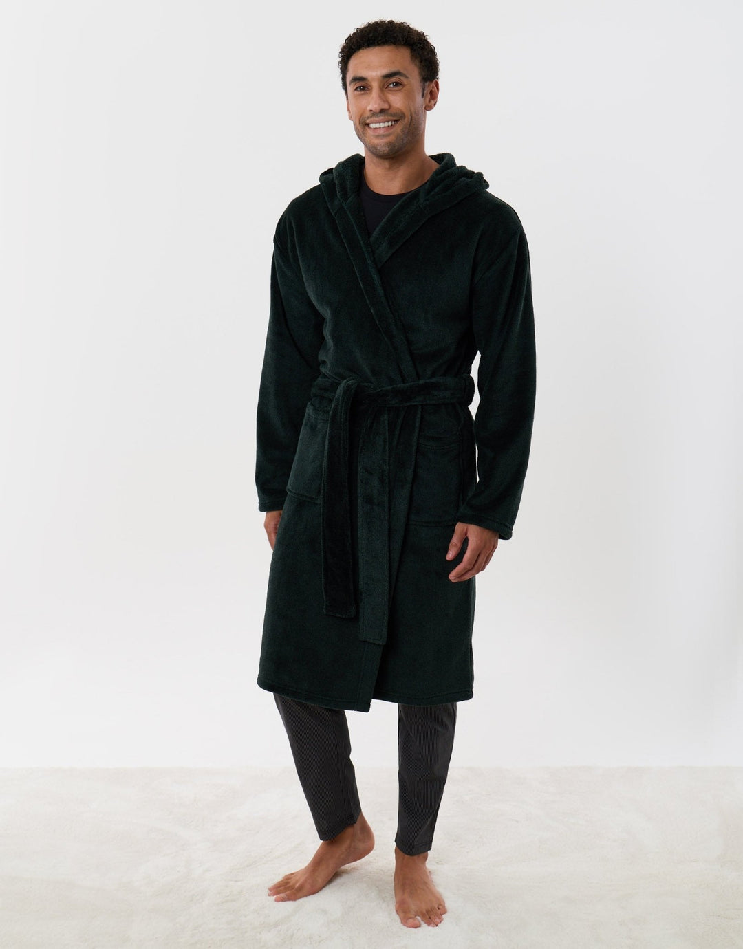 Hooded Fleece Dressing Gown in Forest Green