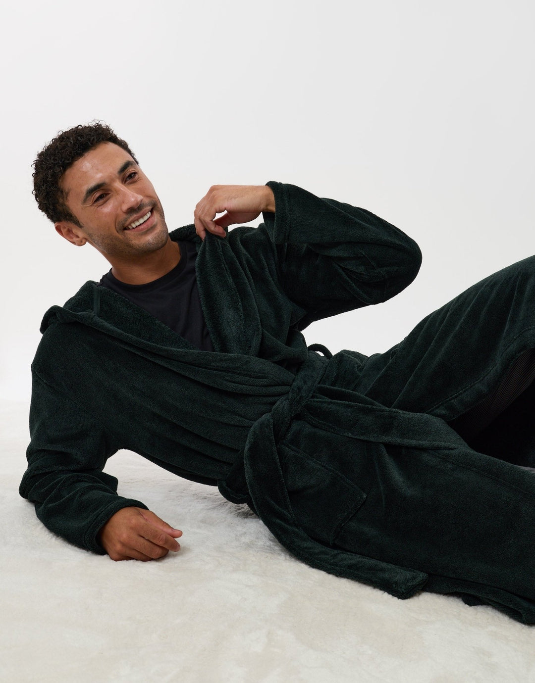 Hooded Fleece Dressing Gown in Forest Green