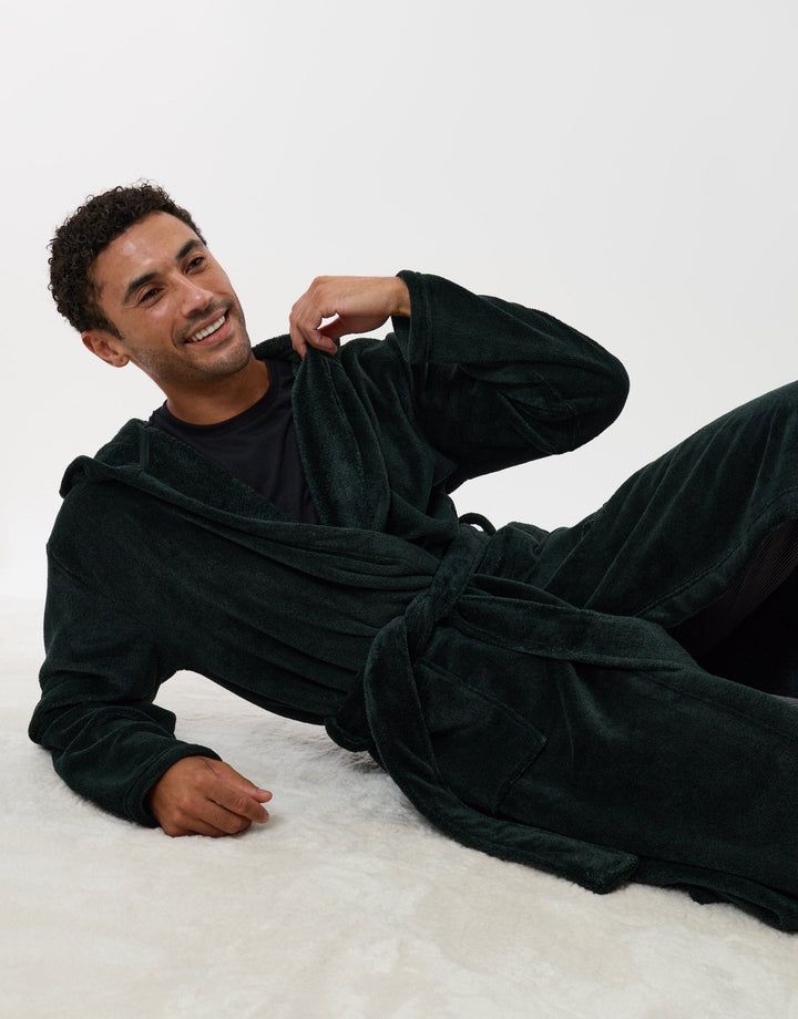 Hooded Fleece Dressing Gown in Forest Green