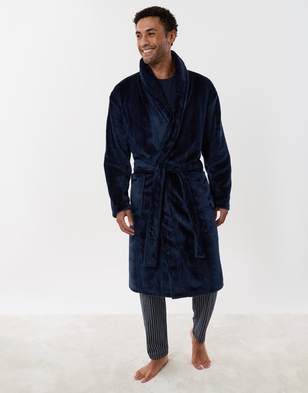 Textured Fleece Dressing Gown in Navy